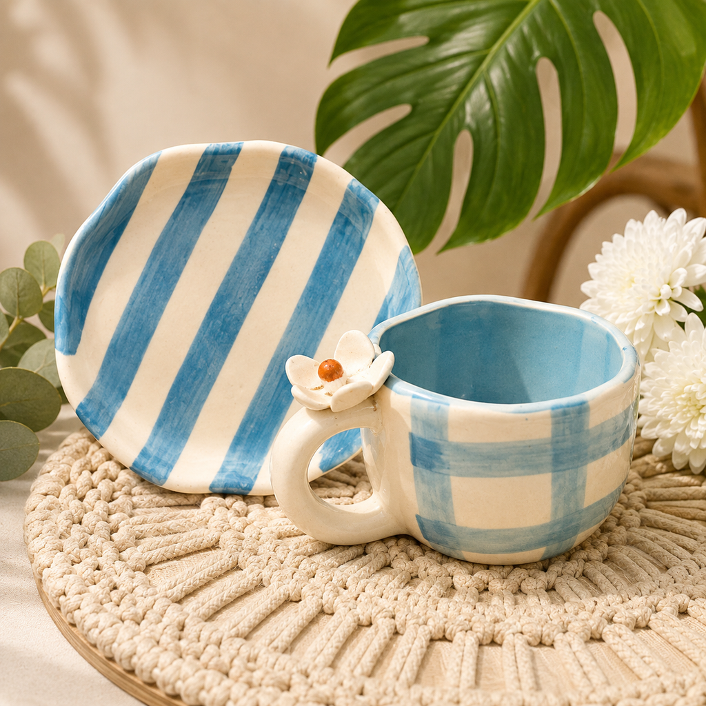 Gingham Cup & Striped Plates Sets