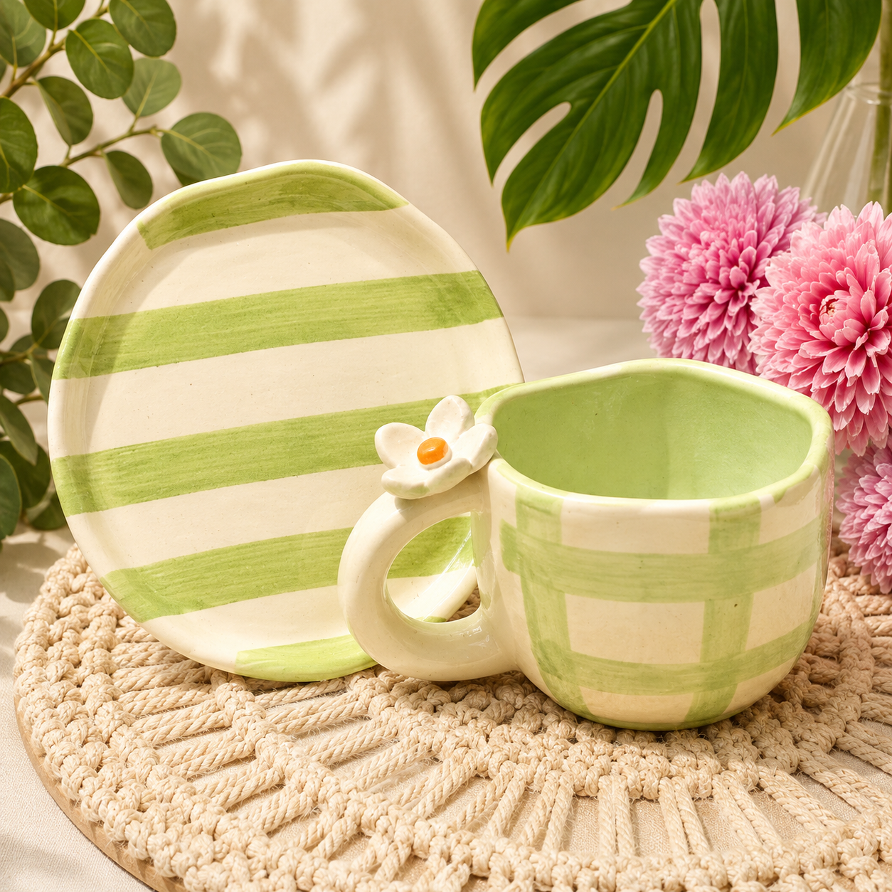 Gingham Cup & Striped Plates Sets